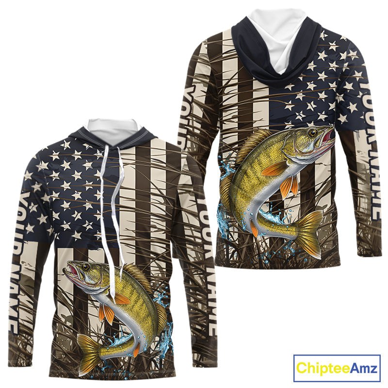 Custom Patriotic Vintage US Flag Walleye Long Sleeve Hooded Tournament Fishing Shirts IPHW9299