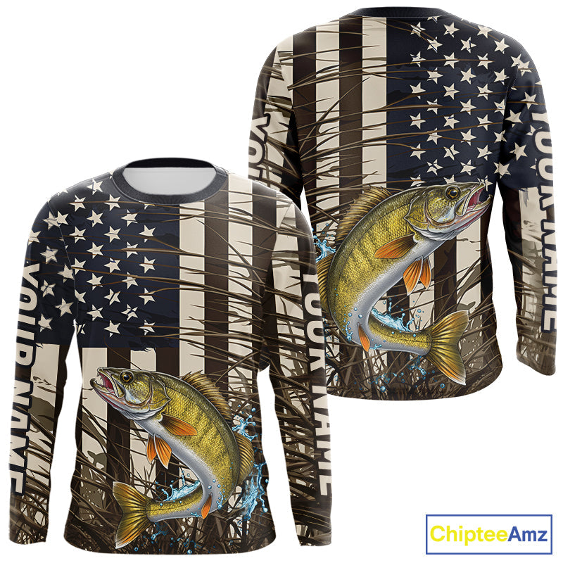 Custom Patriotic Vintage US Flag Walleye Long Sleeve Tournament Fishing Shirts IPHW9299