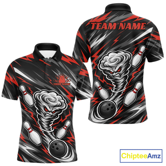 Front and back views of a custom short-sleeve polo shirt featuring a bold bowling-themed graphic with a tornado, bowling balls, pins, and red lightning accents on a black background. The back view includes 'TEAM NAME' placeholder text at the collar.