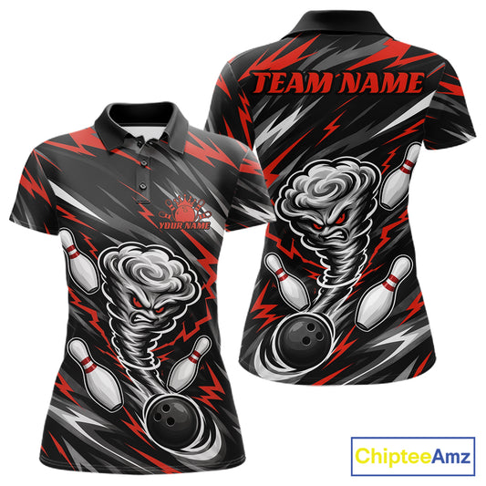 Front and back views of a custom bowling-themed short-sleeve polo shirt. The design features a black, gray, and red background with lightning bolts, a swirling tornado, bowling pins, and bowling balls.