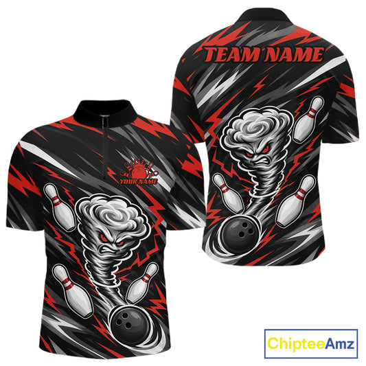 A short-sleeve bowling-themed quarter-zip shirt shown from both front and back on a white background. The design is primarily black with red and gray graphic elements, including bowling pins, a tornado, lightning bolts, and bowling balls.