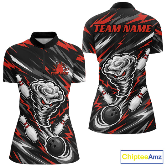 Front and back views of a women's short-sleeve quarter zip bowling shirt with a black, red, and gray graphic design featuring a storm cloud, bowling balls, and pins. The back has 'TEAM NAME' printed in red.