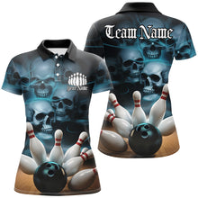 Load image into Gallery viewer, Black And Blue Custom Skull Ladies Bowling Shirts, Gothic Bowling Team Halloween Outfits IPHW7674