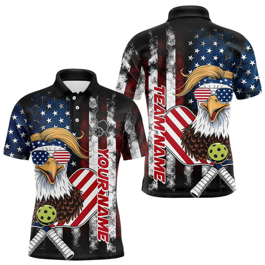 Custom Vintage US Flag Patriotic Pickleball Polo Shirts For Men, Funny Eagle Pickleball Shirt IPHW8101