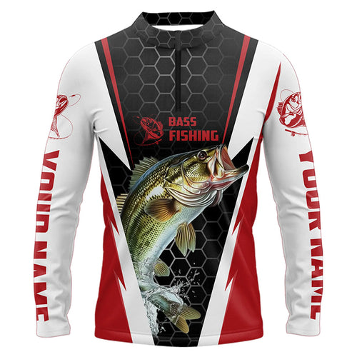 Custom Bass Fishing Jerseys, Bass Fishing Long Sleeve Quarter-Zip Fishing Tournament Shirts | Red IPHW5725