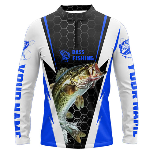 Custom Bass Fishing Jerseys, Bass Fishing Long Sleeve Quarter-Zip Fishing Tournament Shirts | Blue IPHW5726