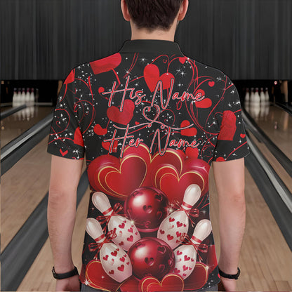 Black And Red Custom Valentines Day Bowling Polo Shirts For Men, Bowling Couple Shirt IPHW8327