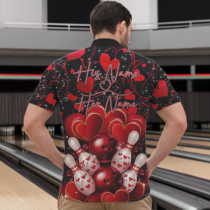 Black And Red Custom Valentines Day Bowling Quarter-Zip Shirts For Men, Bowling Couple Shirt IPHW8327