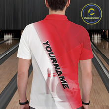 Load image into Gallery viewer, Male model back view in a bowling lane wearing a polo shirt with bowling ball and pins across a red and white diagonal layout.