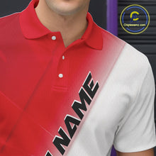 Load image into Gallery viewer, Close up left chest view of a bowling polo shirt with bowling ball and pins incorporated into a red and white diagonal layout.