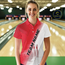 Load image into Gallery viewer, Front view of a female model at the bowling lane wearing a polo shirt with bowling ball and pins in a red and white diagonal layout.