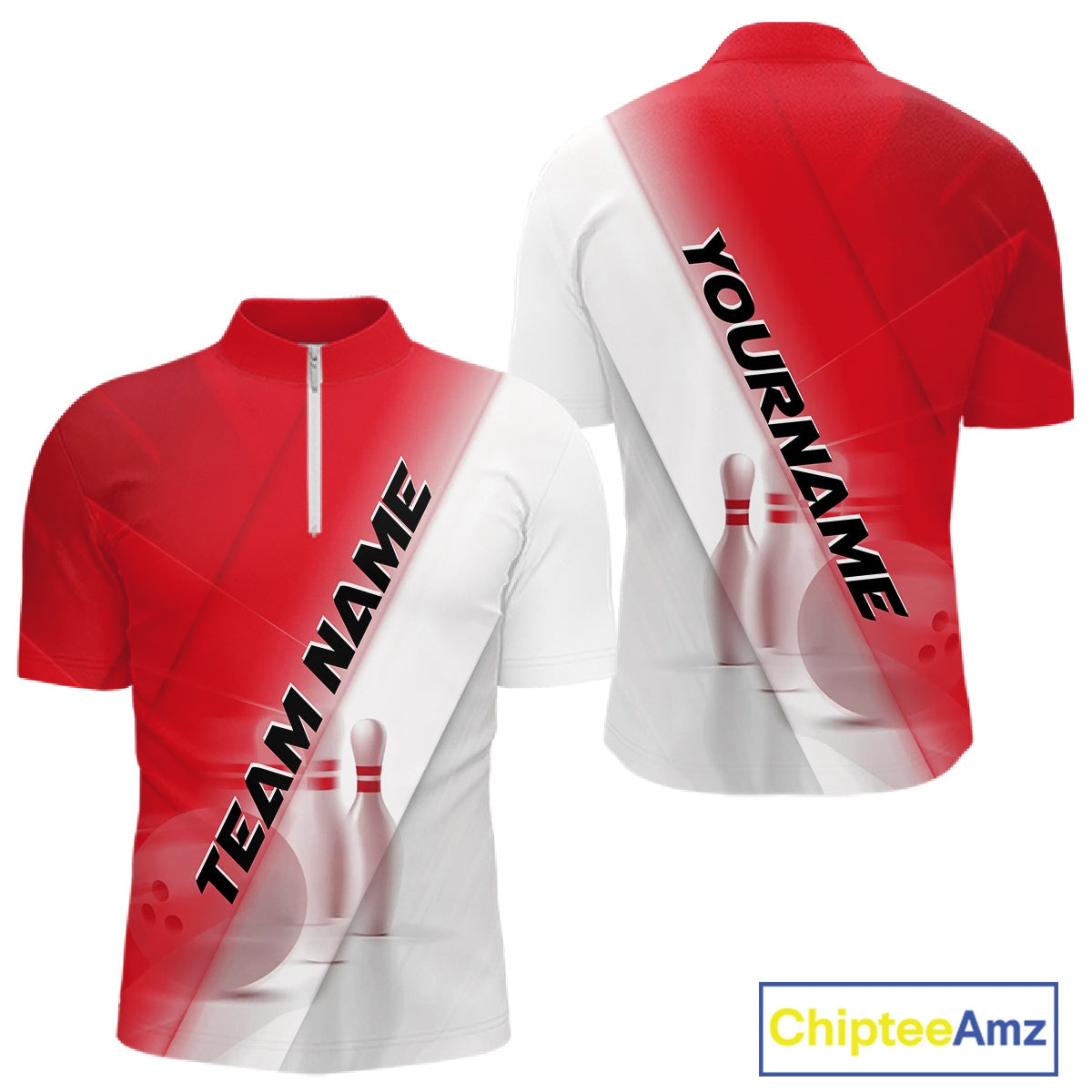 Front and back men’s bowling quarter zip shirt mockup with bowling ball and pins artwork in a red and white diagonal layout.