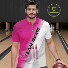 Load image into Gallery viewer, Front view male model in a bowling lane wearing a polo shirt with bowling ball and pins across a pink and white diagonal layout.