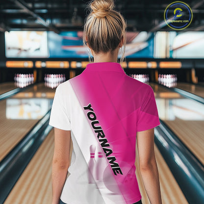 Female model back view at the bowling lane wearing a quarter zip shirt with bowling ball and pins across a pink and white diagonal layout.