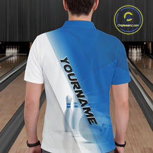 Load image into Gallery viewer, Back view of a male model in a bowling lane wearing a polo shirt with bowling ball and pins in a blue and white diagonal layout.
