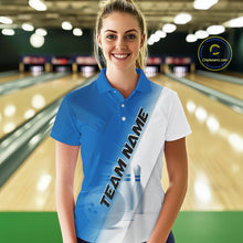 Load image into Gallery viewer, Female model front view in a bowling lane wearing a bowling polo shirt with bowling ball and pins in a blue and white diagonal layout.