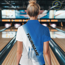 Load image into Gallery viewer, Back view of a female model at the bowling lane wearing a polo shirt with bowling ball and pins across a blue and white diagonal layout.