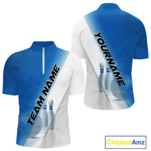 Load image into Gallery viewer, Front and back men’s bowling quarter zip shirt mockup with bowling ball and pins artwork in a blue and white diagonal layout.