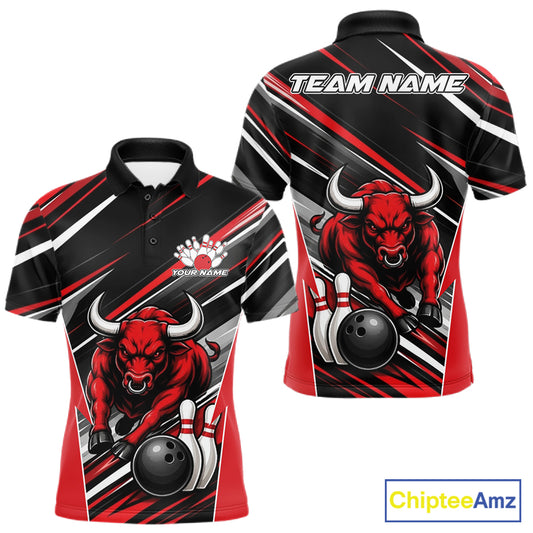 Custom Black And Red Bull Bowling Team Men Polo Shirt, Bull Bowling Jerseys IPHW11814