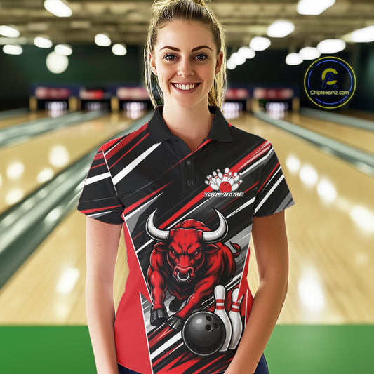 Custom Black And Red Bull Bowling Team Women Polo Shirt, Bull Bowling Jerseys IPHW11814
