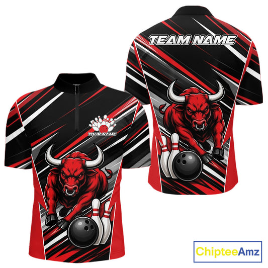 Front and back views of a short-sleeve quarter-zip shirt featuring a red bull bowling graphic on a black, red, and white striped background. 