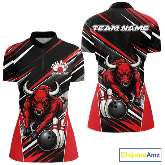 Front and back views of a short-sleeve  quarter zip shirt with a red bull bowling graphic, black, red, and white diagonal stripes, and customizable text placeholders on a white background.