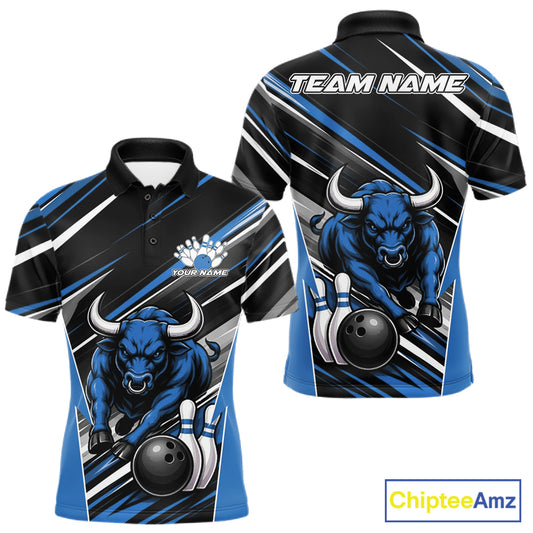 Custom Black And Blue Bull Bowling Team Men Polo Shirt, Bull Bowling Jerseys IPHW11815
