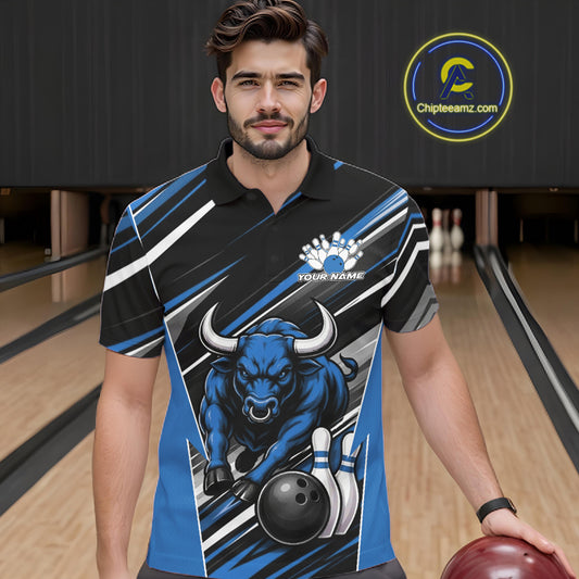 Custom Black And Blue Bull Bowling Team Men Polo Shirt, Bull Bowling Jerseys IPHW11815