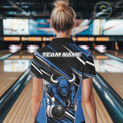 Custom Black And Blue Bull Bowling Team Women Polo Shirt, Bull Bowling Jerseys IPHW11815