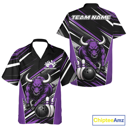 Custom Black And Purple Bull Bowling Team Men And Women Button Up Shirt, Bull Bowling Jerseys IPHW11816