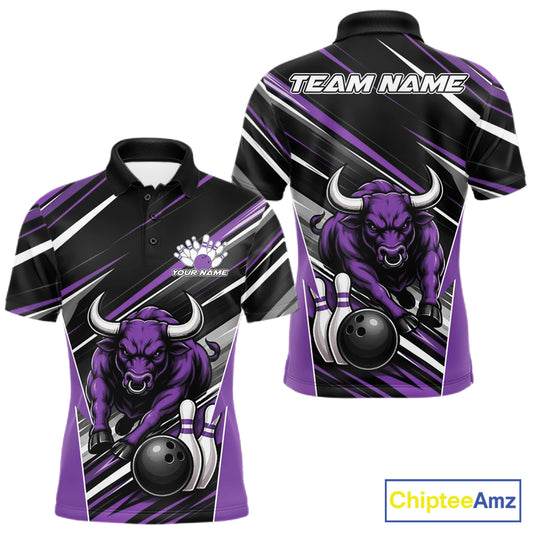 Custom Black And Purple Bull Bowling Team Men Polo Shirt, Bull Bowling Jerseys IPHW11816