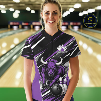 Custom Black And Purple Bull Bowling Team Women Quarter-Zip Shirt, Bull Bowling Jerseys IPHW11816