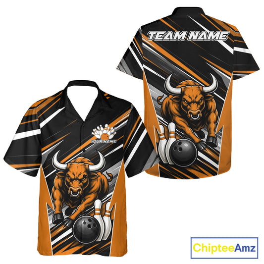 Custom Black And Orange Bull Bowling Team Men And Women Button Up Shirt, Bull Bowling Jerseys IPHW11817