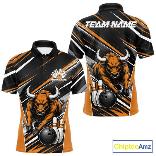 Custom Black And Orange Bull Bowling Team Men Polo Shirt, Bull Bowling Jerseys IPHW11817