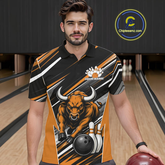 Custom Black And Orange Bull Bowling Team Men Polo Shirt, Bull Bowling Jerseys IPHW11817
