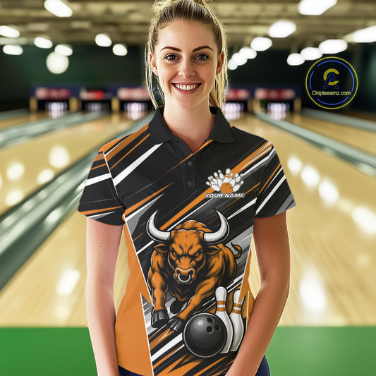 Custom Black And Orange Bull Bowling Team Women Polo Shirt, Bull Bowling Jerseys IPHW11817