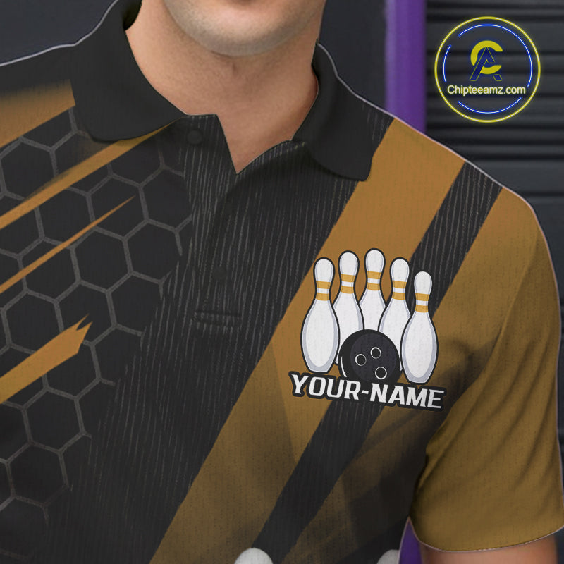 Custom Black And Yellow Bowling Team Jerseys, Striking Bowling League Polo Shirt For Men IPHW9809
