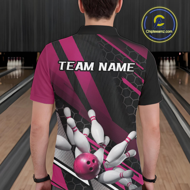 Custom Black And Pink Bowling Team Jerseys, Striking Bowling League Polo Shirt For Men IPHW9810