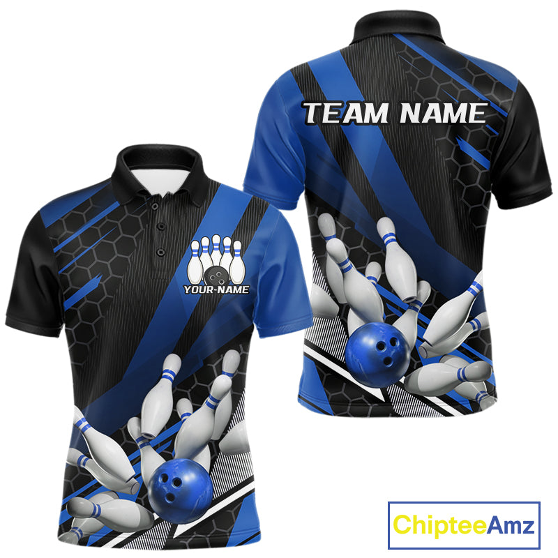 Custom Black And Blue Bowling Team Jerseys, Striking Bowling League Polo Shirt For Men IPHW9811