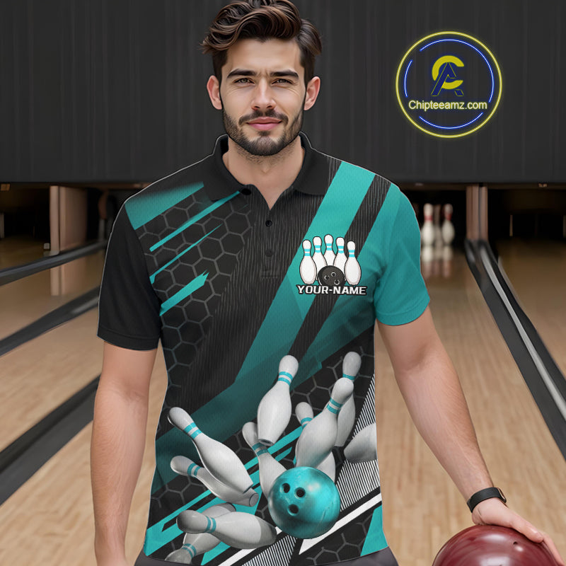 Custom Black And Turquoise Blue Bowling Team Jersey, Striking Bowling League Men Polo Shirt IPHW9812