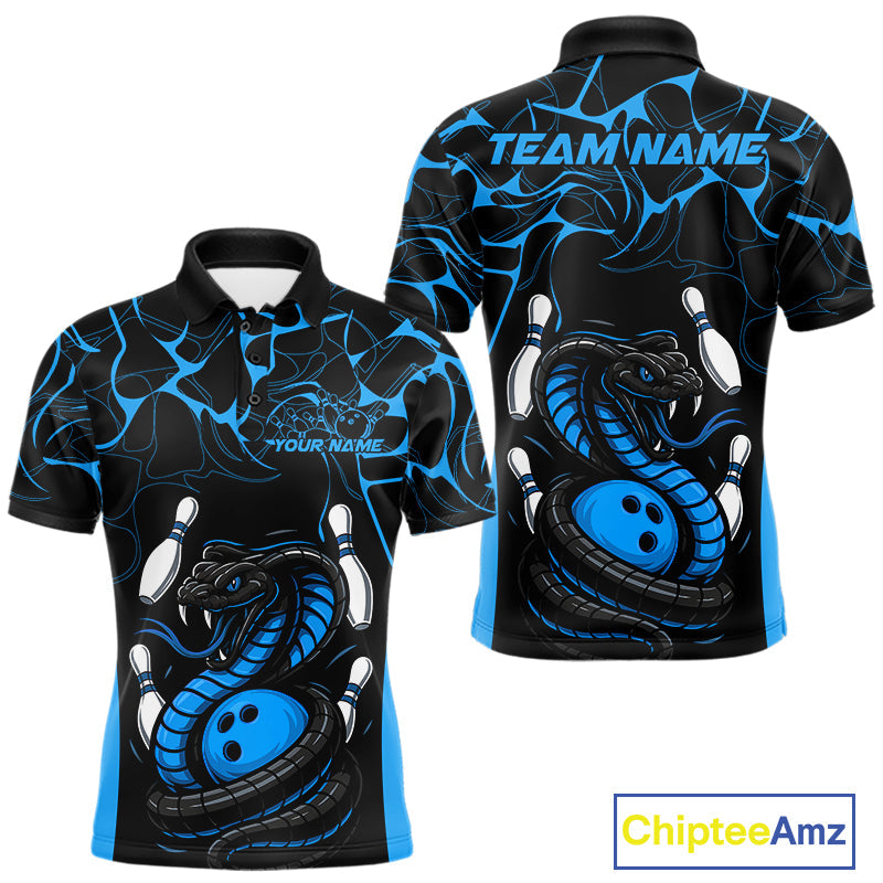Custom Black And Blue Cobra Snake Bowling Jerseys, Bowling Team Men Polo Shirts IPHW9814