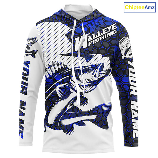 Custom Walleye Fishing Jerseys, Walleye Fishing Long Sleeve Fishing Tournament Shirts | Blue Camo IPHW5731