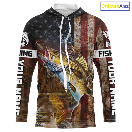 Personalized American Flag Walleye Fishing Shirts,Vintage Patriotic Walleye Fishing Apparel IPHW5734