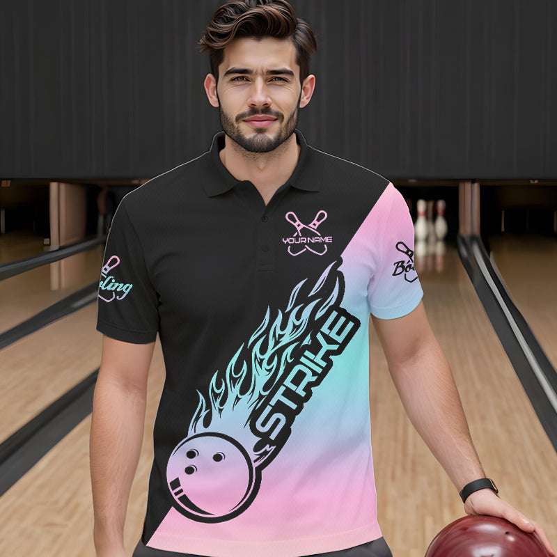 Blue And Pink Custom Strike Bowling Polo Shirts For Men, Bowling Team Shirt Bowler Outfit IPHW8823