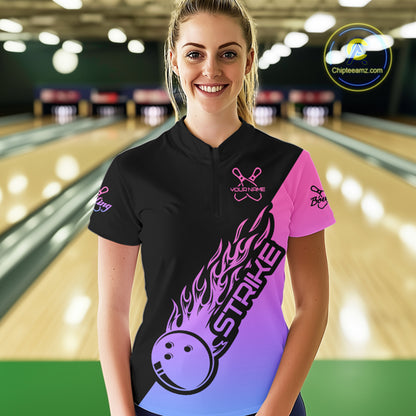 Blue, Purple And Pink Custom Strike Bowling Women Quarter-Zip Shirt, Bowling Team Outfit IPHW8826
