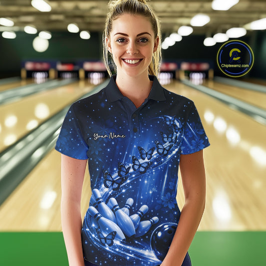 Custom Blue Butterfly Bowling Women Polo Team Shirt, Ladies Bowling League Shirt IPHW10902