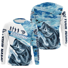 Load image into Gallery viewer, Bass Fishing Custom Long Sleeve Tournament Shirts, Blue Camo Bass Fishing Jerseys For Fisherman IPHW6318