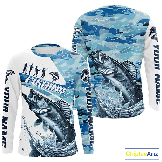 Walleye Fishing Custom Long Sleeve Tournament Shirts, Blue Camo Walleye Fishing Jersey For Fisherman IPHW6319