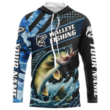 Load image into Gallery viewer, Personalized Blue Camo Walleye Fishing Jerseys, Walleye Long Sleeve Tournament Fishing Shirts IPHW6330