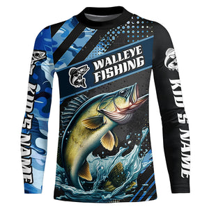 Personalized Blue Camo Walleye Fishing Jerseys, Walleye Long Sleeve Tournament Fishing Shirts IPHW6330